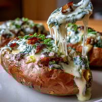 Golden-brown Creamy Mushroom and Spinach Stuffed Sweet Potatoes fresh from the oven, topped with bubbly melted cheese.