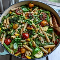 Bright and colorful Vegan One-Pot Pasta Primavera with Lemon and Basil, featuring al dente pasta, fresh cherry tomatoes, broccoli, and vibrant red bell peppers all coated in a light lemony sauce, served in a rustic white bowl.