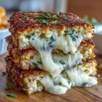 Golden brown Keto Cheesy Cauliflower Bread Grilled Cheese sandwiches oozing melted cheddar on a plate.