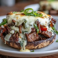 Keto Philly Cheesesteak Stuffed Portobello Mushrooms with juicy steak and melted cheese in roasted mushroom caps.  