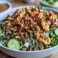 Quick Crispy Rice Salad with Peanut Sesame Dressing featuring golden, crunchy rice clusters, vibrant fresh vegetables, and a bold, nutty dressing.  