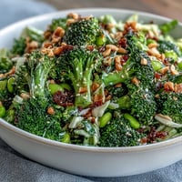 Colorful broccoli crunch salad with fresh veggies, edamame, and zesty Asian dressing for a healthy meal prep option.