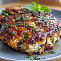 Golden Mediterranean chicken patties sizzling in a skillet, topped with crumbled feta and fresh herbs for a vibrant, savory dinner.