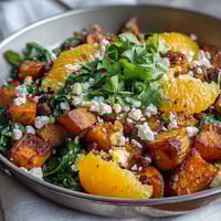 Sweet potato and orange sheet pan breakfast hash with roasted vegetables and fresh spinach.  