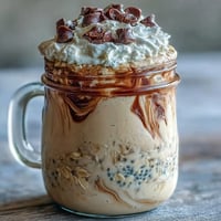 Vanilla Bean Frappuccino Overnight Oat Jar with espresso, creamy oats, and whipped cream, served in a mason jar for a refreshing breakfast.
