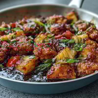 Sweet and sour chicken pineapple skillet with tender chicken, colorful bell peppers, and juicy pineapple in a glossy sauce.  