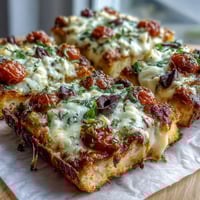 A golden, crispy cottage cheese flatbread pizza with melted mozzarella, fresh tomatoes, and olives, perfect for low-carb dinners.