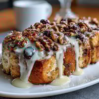 Golden baked blueberry French toast casserole with custard-soaked brioche, juicy berries, and cinnamon crumble topping.