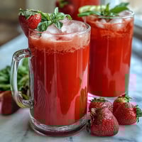Strawberry basil lemonade with fresh strawberries, basil, and lemon slices in a clear pitcher over ice, garnished with herbs and fruit.