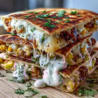 Cinco de Mayo Street Corn Quesadillas with Chipotle Crema, crispy and golden, filled with roasted corn and melty cheese.