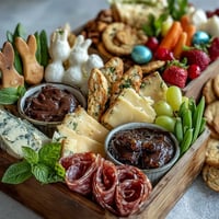 Festive mini Easter basket charcuterie board with fresh cheeses, cured meats, and pastel candies arranged in colorful baskets.