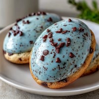 Robin's egg sugar cookies with blue icing and chocolate speckles, perfect for spring celebrations and Easter gatherings.