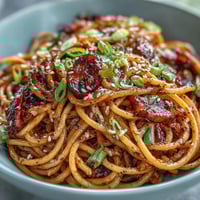 Creamy gochujang butter pasta with garlic, spring onions, and sesame seeds in a glossy, spicy-sweet sauce.