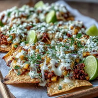 Loaded Cinco de Mayo Elote Nachos piled high with cheese and smoky chipotle.
