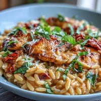 Close-up of creamy One-Pan Marry Me Chicken Orzo topped with fresh basil.