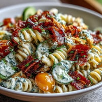 Creamy Chicken Bacon Ranch Pasta Salad with vibrant tomatoes, cool cucumber, and crispy bacon.