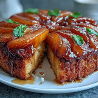 Caramelized brown sugar peach upside-down cake slice with warm, gooey fruit.