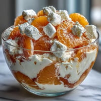 Mandarin Orange Creamsicle Jello Salad: vibrant segments suspended in fluffy, creamy orange goodness.