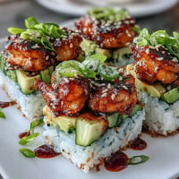 Colorful Spicy Shrimp Sushi Stack with creamy avocado and vibrant cucumber.