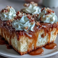 Moist Apple Cider Caramel Poke Cake with creamy topping and toffee bits.